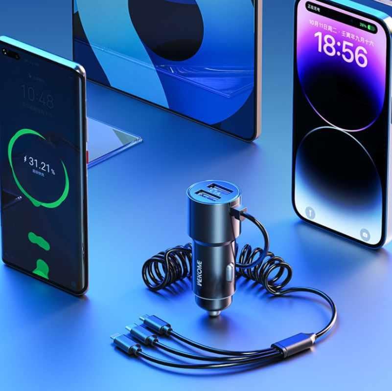 Image of WK LIFE BORN TO LIVE- 33W Car Charger Dual Ports Adapter with Stretchable Cable and 3 in 1 Fast Charging Cord for iPhone 13 /Pro Max /Pro, 12 /11, Samsung Galaxy, iPad, Camera for Most Cars (Black)