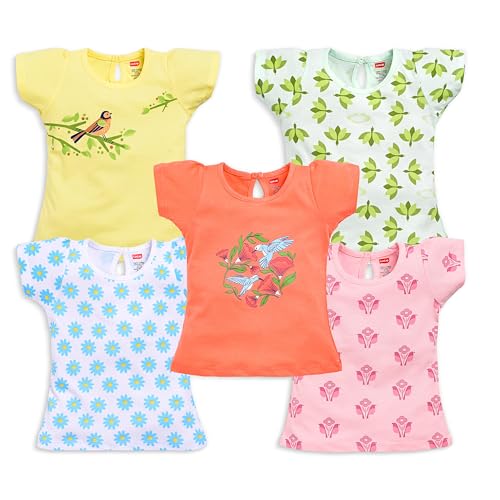 Image of LuvLap Baby Girls Regular Fit 100% Cotton Half Sleeves Girls Top Pack of 5