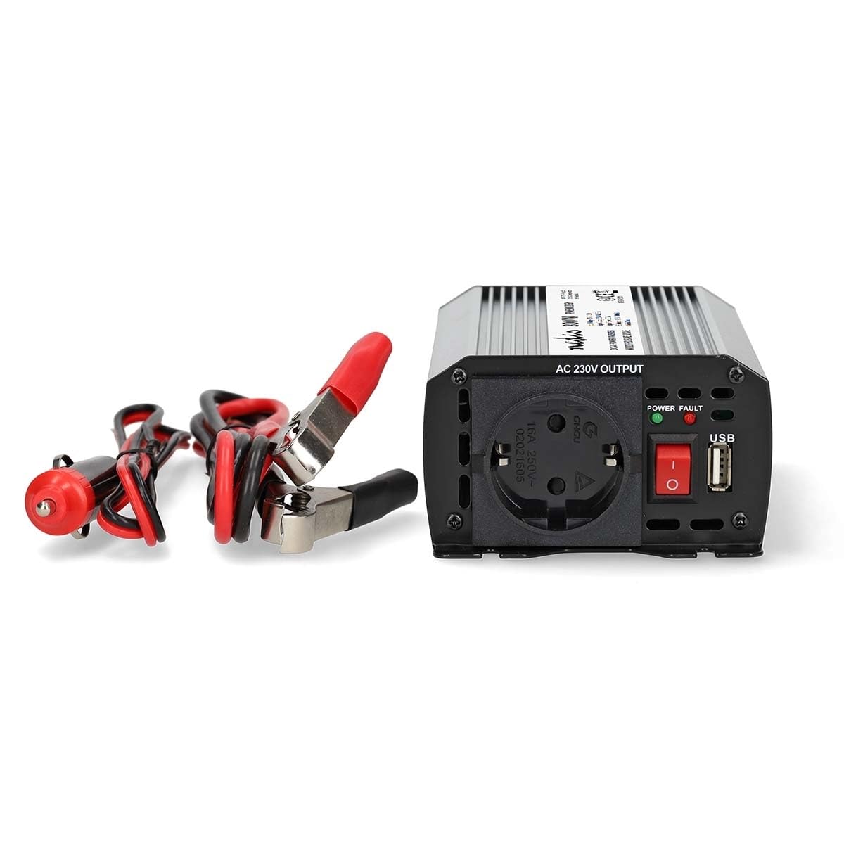 Nedis PIM30012FGY - Inversor de Corriente Onda modificada - 12 V DC a 230 V AC - 300 W - Pico 600 W - Salida Tipo F y USB-A - 50 Hz - Plateado