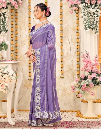 Image of SIRIL Women's Shimmer Georgette Scalloped Border Sequins Embroidery Saree with Unstitched Blouse Piece
