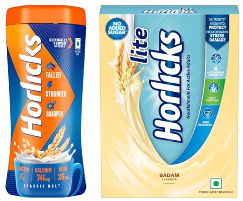 Image of Horlicks Health & Nutrition Drink for Kids, 1kg Jar & Horlicks Lite Badam Flavour Health & Nutrition Drink for Adults, 450g Powder Refill Pack
