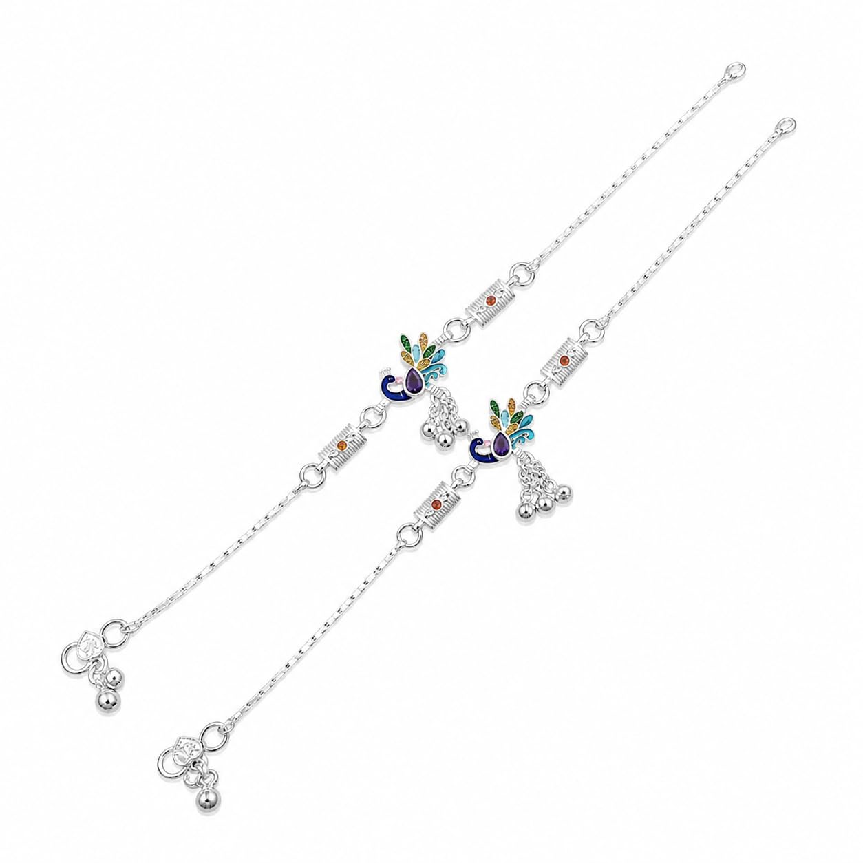 Peacock Design Silver Plated Anklet for Women & Girls | Multicolor Enamel Charm Payal with Ghungroo | Lightweight Traditional & Western Foot Jewellery | 1 Pair (10-10.5 INCHES-ONE SIZE)-picture-18