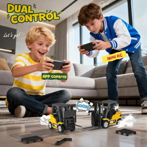 Image of PLUSPOINT 2.4GHz RC Forklift Toy | 1:64 Mini Rechargeable Remote Control Forklift with 2-in-1 Lift Fork & Crane Hook, Lights, Sound & Cargo Boxes | Construction Vehicle Toy for Kids Age 3+