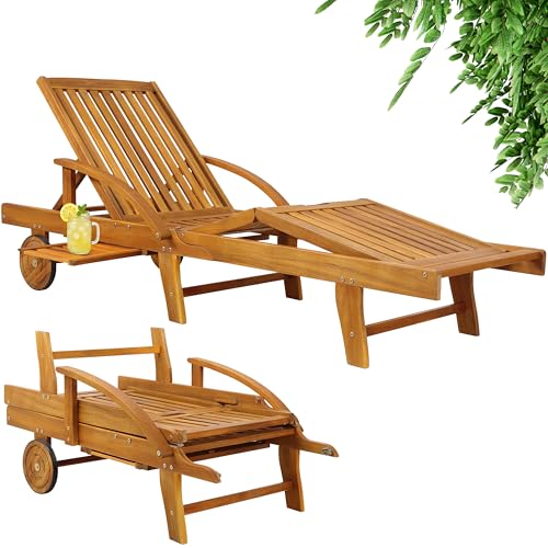 CASARIA Sun Lounger Tami Sun | Acacia Wood | Foldable Adjustable | Extendable Table | Garden Sun Bed | Reclining Deck Chair | Wooden Garden Sunlounger