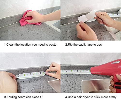 Image of Sink Oil Proof Caulk Tape Strip PVC Self Adhesive Caulking Sealing Tape for Kitchen Sink Platform Toilet Bathroom Shower and Bathtub, Basin, Toilet. 3.8m*3.2cm (Set of 1) - Multi Print