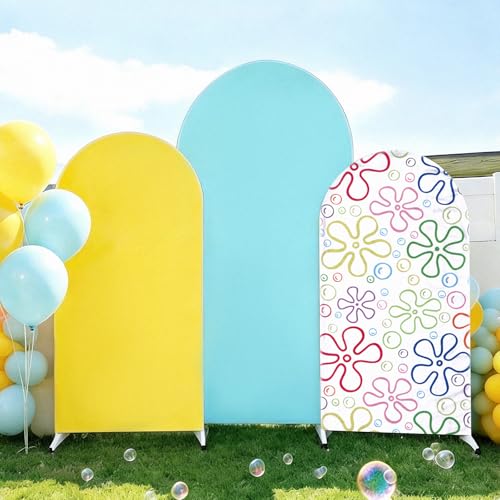 JarThenaAMCS 3 Pcs Cartoon Sponge Birthday Party Decorations Yellow Blue Arch Cover Colorful Bikini Floral Backdrop Photography Background for Birthday Baby Shower Photo Booth Props(4ft/5ft/6ft)