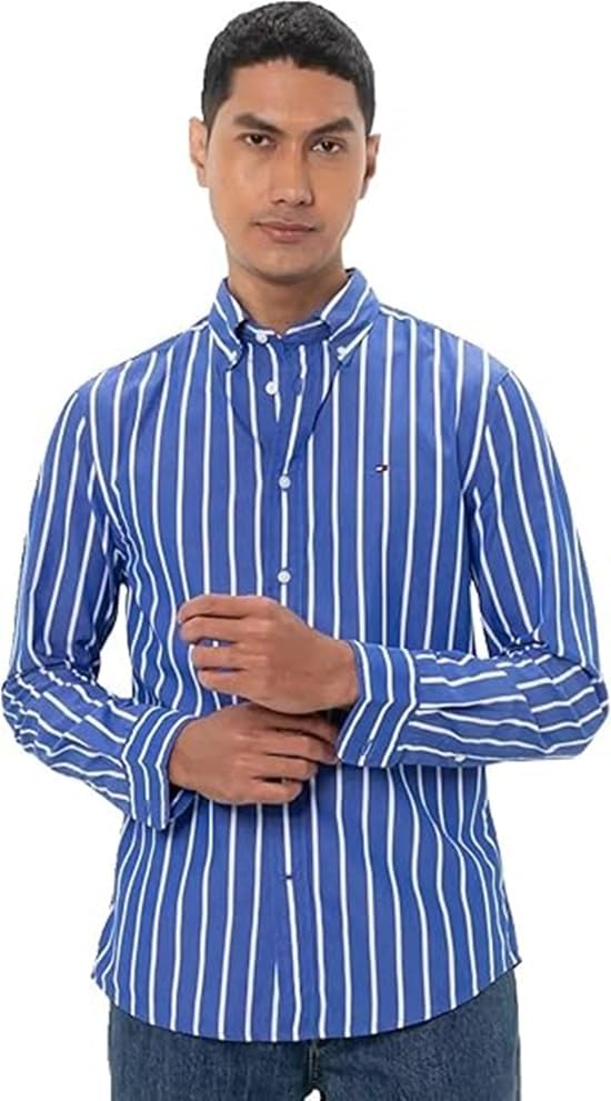 Tommy Hilfiger Camisa Hombre Poplin Nautical de algodón, Multicolor (Optic White/Wedge Blue), L