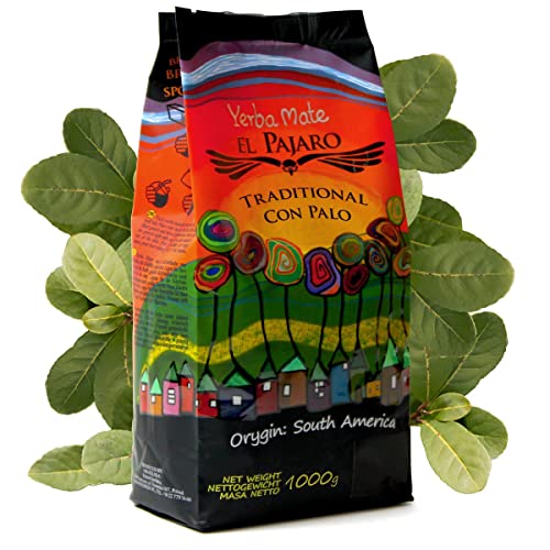 Yerba Mate-Tee El Pajaro Tradicional 1kg ● Natürliche paraguayische Yebra Mate Tee ● Geräucherte Mate-Tee ● Zusätzlich 50g Yerba Mate-Tee Mateine Caffeine ● Gemahlene Mate-Tee Blätter und Stöcke