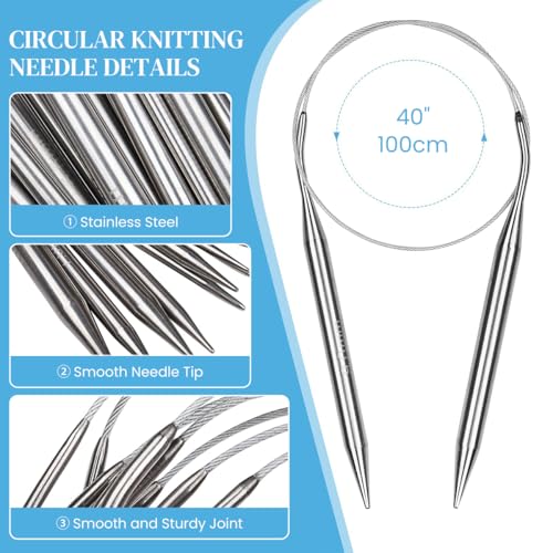 Image of HASTHIP 39 Inches Knitting Circular Needles 9Pcs Stainless Steel Circular Needles 2.5-10mm Assorted Sized Circular Needles with Etched Size Marks Multi Use Knitting Needles for Hat, Sweater, Carpet