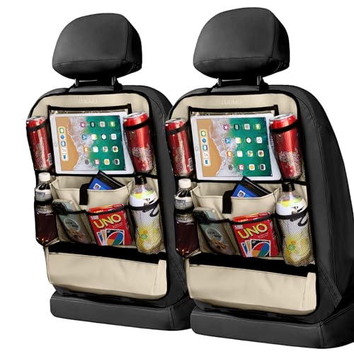 Image of LUCMO Car Backseat Organizer with Touch Screen Tablet Holder, Beige | 2 Pcs,9 Storage Pockets,Clear Tablet Holder,Protectors Kick Mats,Travel Accessories,Seat Cover,Road Trip Essentials