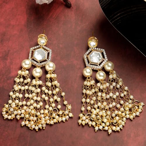 Image of Karatcart Gold Plated Designer Polki Kundan Drop Earrings for Women