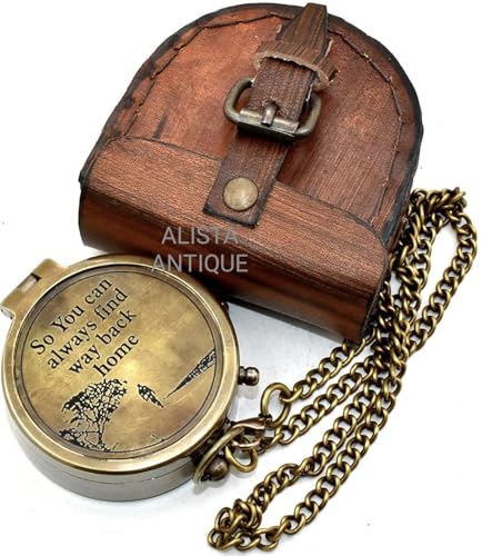 Brújula antigua de latón con estuche de cuero grabado miniatura 4