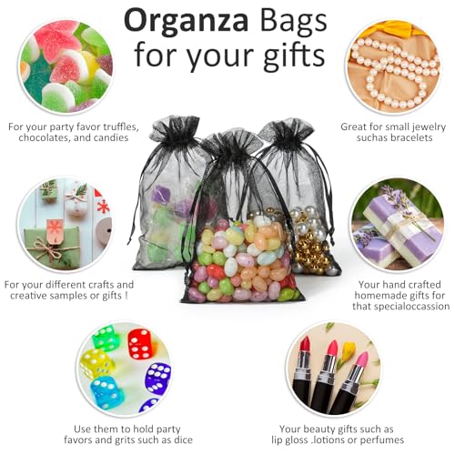 Image of Hopttreely 100pcs Organza Bags, Black 4''x4.72''(10x12cm) Satin Drawstring Organza Pouch Wedding Party Favor Gift Bag Jewelry Watch Bags