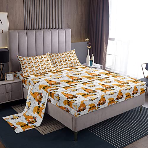 Sunflower Gnomes Bed Sheets Full Yellow Gnome Bee Sheet Set Spring Sunflowers Fitted Sheet for Kids Teens Child Wooden Grain Geometric Wild Animal Bedroom Decor Flat Sheet