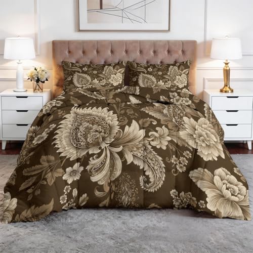 Edredón Nórdico 4 Estaciones Estampado De Cachemir Estampado Floral Todo en Uno Microfibra Premium y Acolchado en Diamante – Transpirable, Lavable y Suave 220 x 240 cm Set de Ropa de Cama, Beige