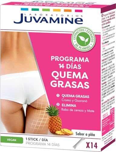 JUVAMINE - Programa 14 Días Quema Grasas - 14 Sticks - Sabor Piña - Estimula el Metabolismo - Control de Peso - Eliminación - Rabo de cereza - Guaraná - Mate - Cromo