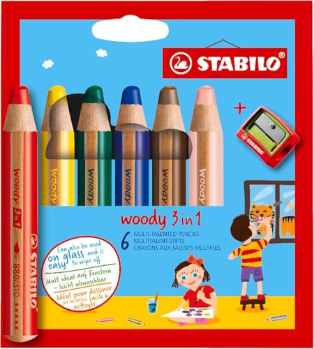 STABILO - Crayon de couleur - woody 3en1 - Etui carton x 6 crayons de couleur enfant - taille-crayon inclus - coloris assortis