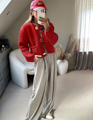 Image of Yimoon Womens Cropped Cardigan Sweaters Gold Button Down Chunky Knit Sweaters Long Sleeve Open Front Fall Crochet Cardigan(Red-S)