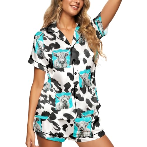 ELUNORUS Womens Soft Silky Satin Pajamas Set Button Down Cooling Loungewear 2 Pcs Sleep Short Pajamas for Mom and Grandma Cow Large