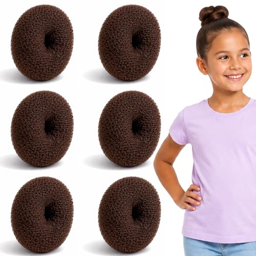 Styla Hair Small Donut Bun Maker for Kids Hair Buns - Easy Ballet and Sock Buns (6pc Brown 2 Inch Size)