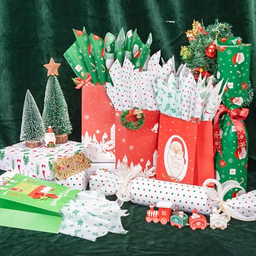 Image of Larcenciel Christmas Tissue Paper - 60 Vintage Green & Red Sheets, Santa Snowflakes Xmas Wrapping Paper for Gift Bags, Gift Wrap, Crafts, Party Decor - 20x14in