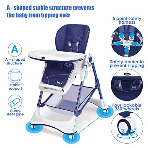 Image of INFANS High Chair with One-Hand Removable Tray, 4 Lockable Wheels & Large Storage Basket - Multi-Adjustable Height, Recline & Footrest, Removable Cushion, Foldable for Baby, Infant& Toddler (Navy)