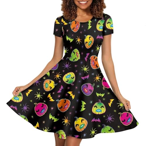 Image of Forchrinse Colorful Pumpkin Dress for Women Halloween Midi Short Sleeve Flowy Swing Tank A Line Elegant Party Wedding Costume Outfit, S-4XL, Small
