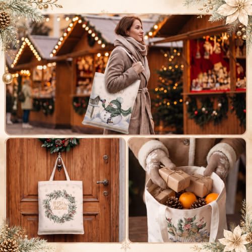 Image of Paterr 12 Pcs Neutral Christmas Canvas Tote Bags Bulk Reusable Christmas Gift Bags with Handles Xmas Reindeer Snowman Canvas Handbags for Women Xmas Gifts Church Farmhouse Party Decor Supplies