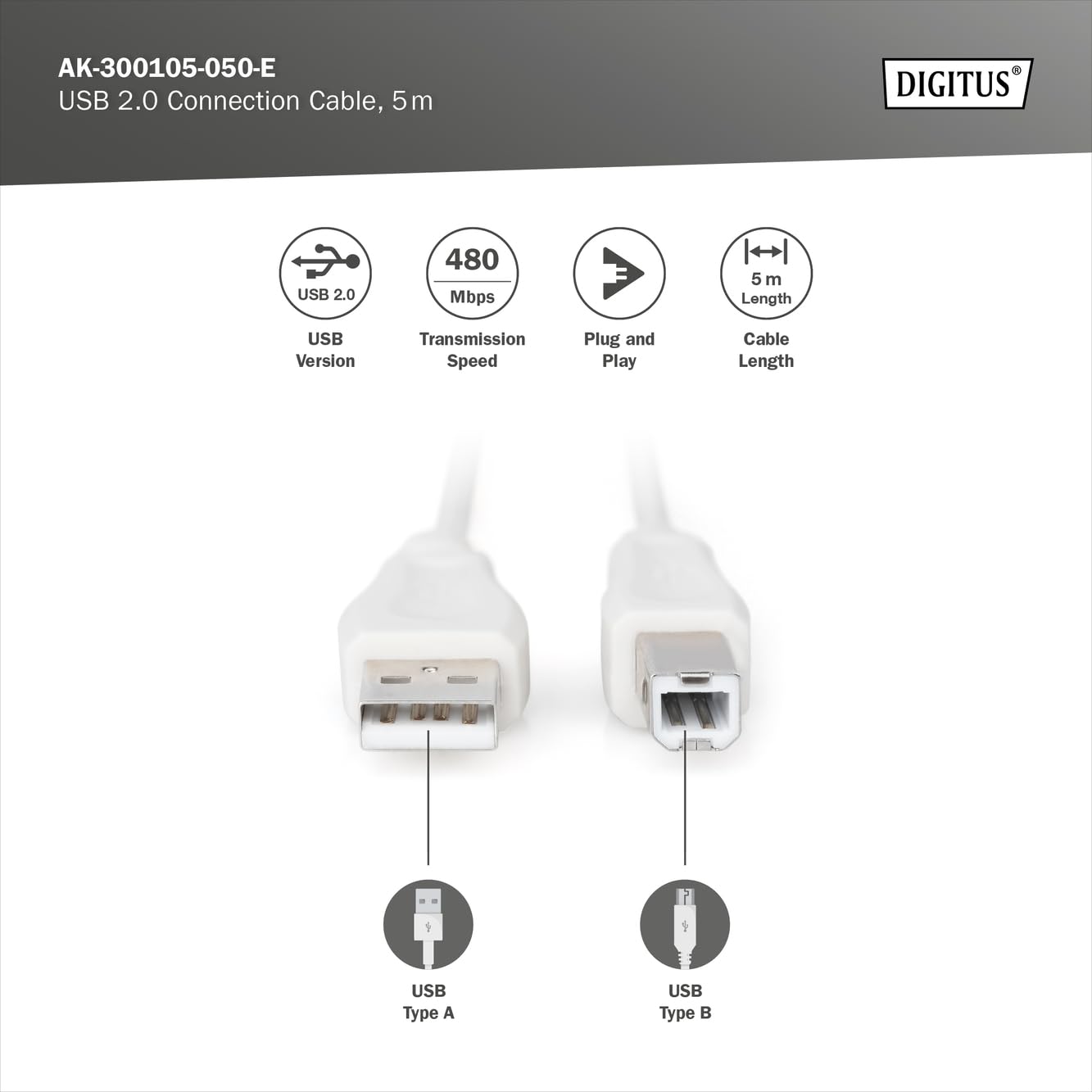 Digitus 5m Length USB 2.0 A Male - B Male Connection Cable