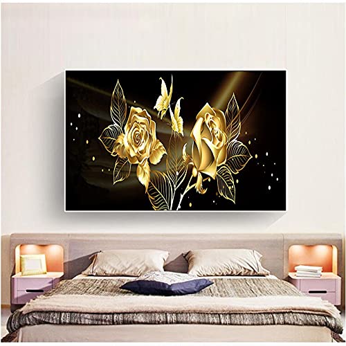 Broderie diamant complet fleurs dorées art mural en cristal 5D