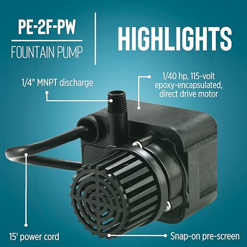 Image of Little Giant PE-2F-PW 115 Volt, 1 /40 HP, 300 GPH Submersible Direct Drive Pump for Small Ponds or Fountains with 15-Ft. Cord, Black, 566611