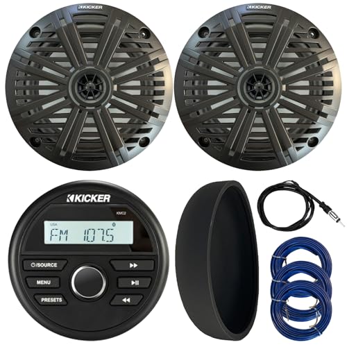 Kicker 46KMC2 Marine Bluetooth All-Weather AM/FM USB/AUX Gauge Style Media Center Receiver W/Black Cover, 2X 6.5 195 Watt Max Power Coaxial Speakers W/Grilles, Radio Antenna, 3X 20 Feet Speaker Wire