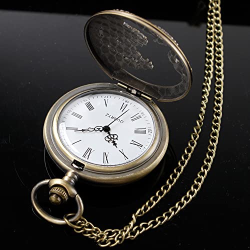Image of Dragon Design Quartz Pocket Watch Roman Numerals with Chain Birthdays Gifts for Father's Days
