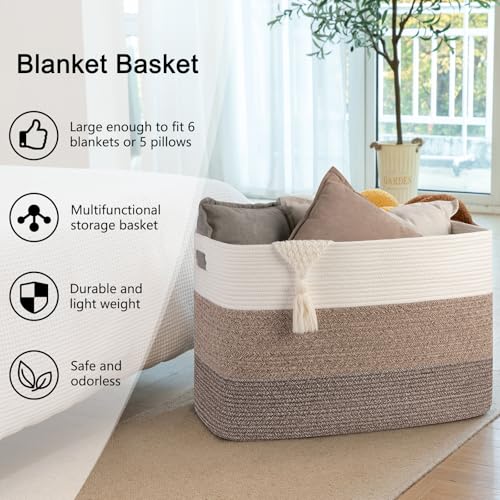 Image of OIAHOMY 108L Large Cotton Rope Basket, Rectangle Woven Baskets for Storage, Nursery Blanket Storage Living Room, Toy Basket with Handle-25 inchx16 inchx16 inch-Gradient Dark Brown