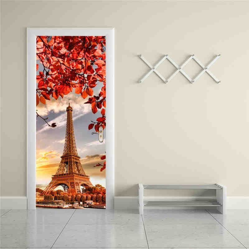 Self-Adhesive Paris Tower Art Door Sticker Home Decoration Door Cover Wall Sticker Mural Entrance Wallpaper Poster