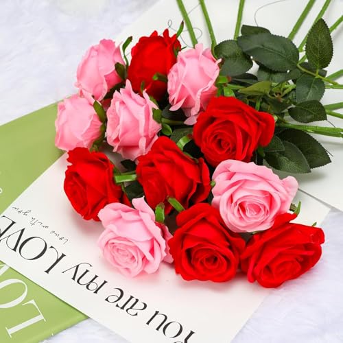 Image of Dekorly Artificial Fake Roses Flowers - 10 Pcs Fake Artificial Roses Silk Flowers with Stems for Home Room Tabletop Wedding Hotel Office Centerpiece Decor | Height 18 Inch (Pink)