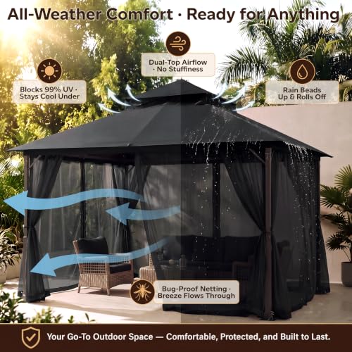 Image of MASTERCANOPY 9x9 ft Stable Patio Gazebo with Netting Walls, Dark Black