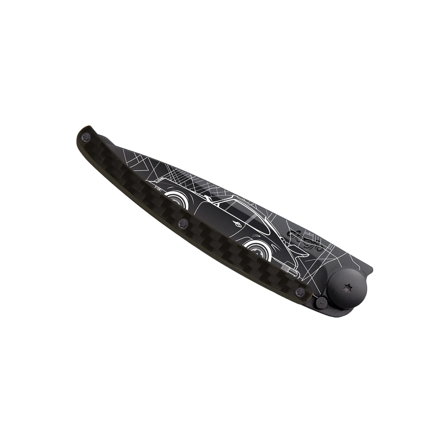 deejo - Couteau de Poche Pliant 37g avec Clip Ceinture - Manche en Fibre de Carbone, Lame en Acier Inoxydable Z40C13 - Motif Young Timer - Couteau de Table, Randonnée, Camping, Bivouac