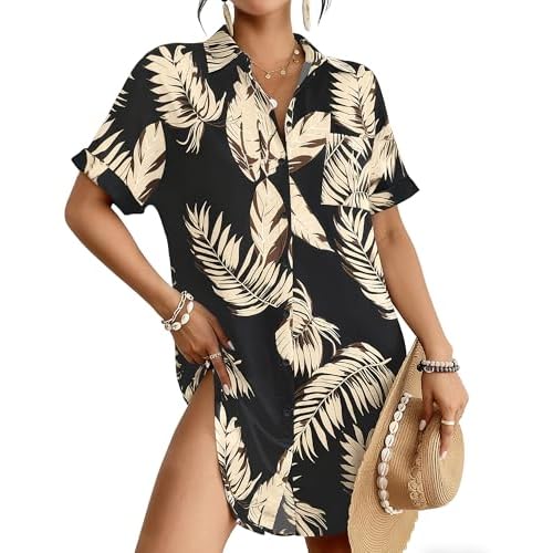 Bsubseach Women Swimsuit Coverup Shirt Dress Button Down Bathing Suit Cover Up Beach Vacation Outfits Aa-leaf Print X-Large