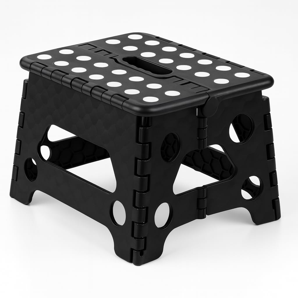 Taburete plegable de 22 cm, taburete plegable estable con superficies antideslizantes, fácil de transportar, pequeño taburete plegable, ideal para baño infantil, camping, picnic, hogar, color negro
