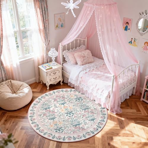 Pink Round Rugs 4ft: Floral Washable Area Rug for Girl Bedroom Nursery Kids Room Living Room Boho Decor - Soft Non-Slip Non-Shedding Circle Carpet