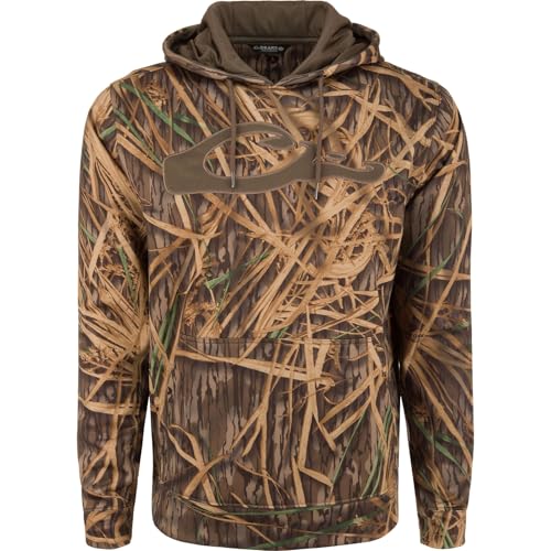 Drake Waterfowl Mens Performance 8-Shot Hunting Casual Stretching Hoodie with Kangaroo Pocket Lined Hood & Embroidered Logo Original Shadowgrass Large