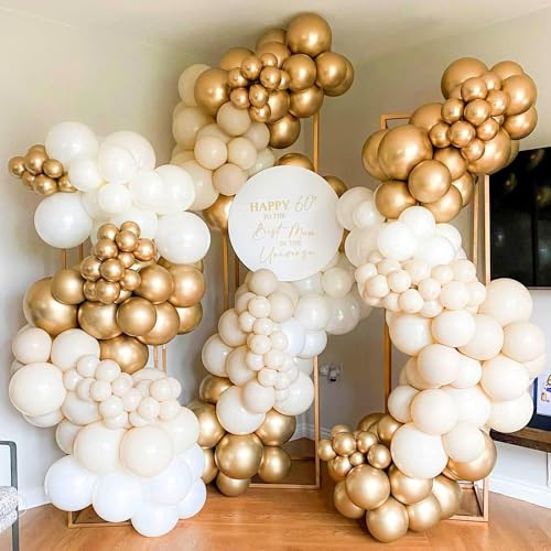 Image of White and Gold Balloon Arch Kit, 140Pcs Matte White Metallic Gold and Gold Confetti Party Balloon Garland Kit for Wedding, Engagements, Birthday, Bridal Shower, Baby Shower Anniversary Decorations