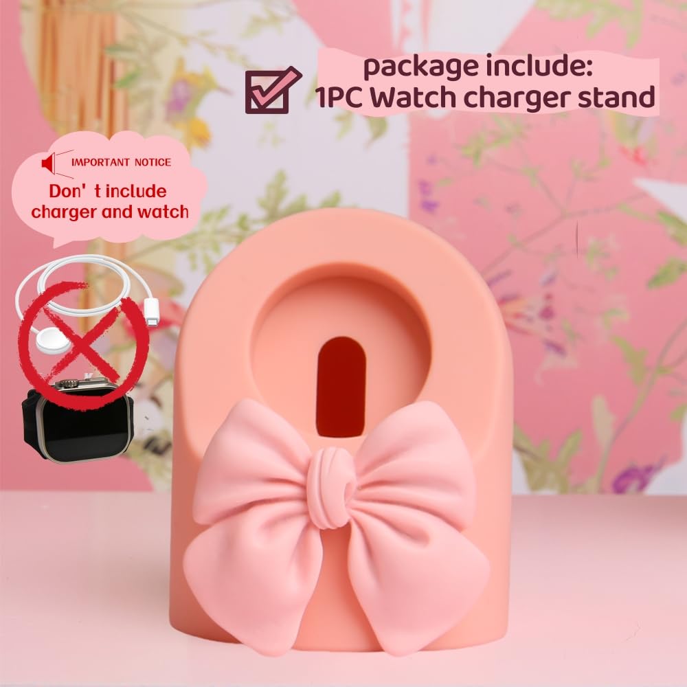 QLD COVER Charger Dock for Apple Watch Ultra/10/9/8/7/6/5/4/3/2/1/SE2/SE, iWatch Cute 3D Bow Tie Silicone Charging Desk Stand Holder, Pink Bow
