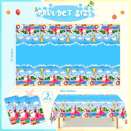 Image of QZYL 3 Pcs Christmas July Tablecloths, 51 x 86.6 Inch Waterproof Summer Christmas Tablecloth, Disposable Santa Plastic Rectangle Table Cover, for Pool Beach Indoor Outdoor July Xmas Decorations