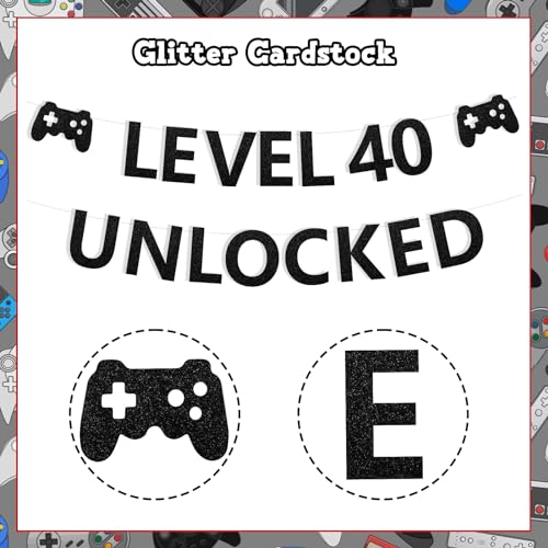 Sursurprise Level 40 Unlocked Birthday Decorations, Banner, Cake Topper, Number 40 Balloons, Ribbons for Gamer 40th Birthday Party, Video Game Party Supplies