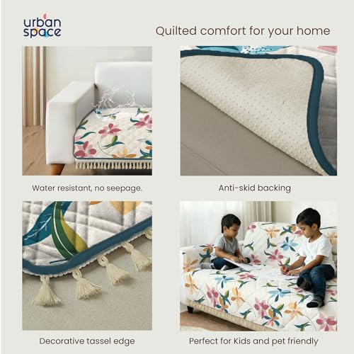 Image of Urban Space 2 Seater Microfiber Quilted Sofa Cover mat with Tassels, Non-Slip Sofa Protector, Easy Care & Machine Washable Cover, Sofa Seat Runner for Couch for Living Space (2 Seater - Bloomingdale)
