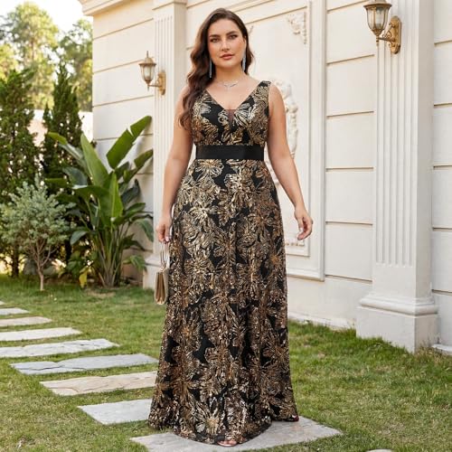 Image of Plus Size Formal Dresses for Women with Embroidery Sequin and V-Neck, A-Line Maxi Dress for Wedding and Cocktail