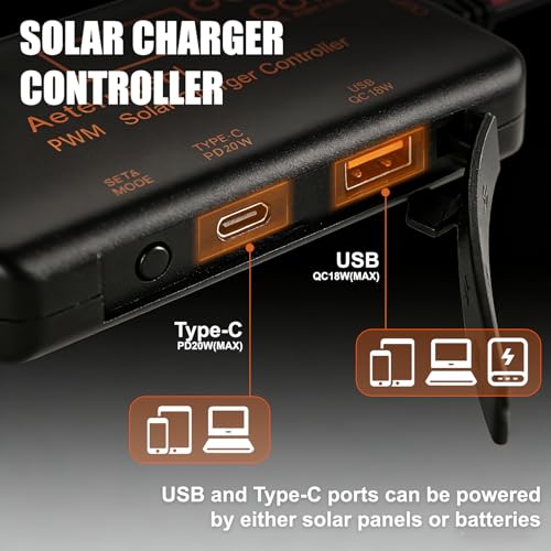 AeternaSol PWM Solar Charge Controller 12V20A Solar Panel Charge Controller with PD 20W & QC 18W USB Type-C Output for LiFePO4, AGM, Gel Battery(12V/20A) - Thumbnail 5