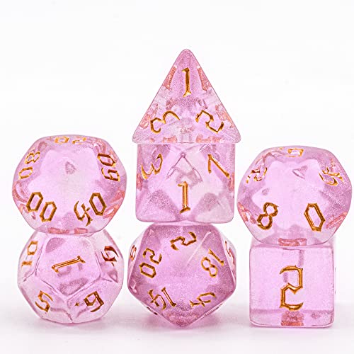 Cusdie 7PCs/Set DND Dice Set D&D Polyhedral Dice for TTRPG Dungeons and Dragons Pathfinder Role Playing Dice Games RPGs (Pink with Sickle Font) - Pink with Sickle Font